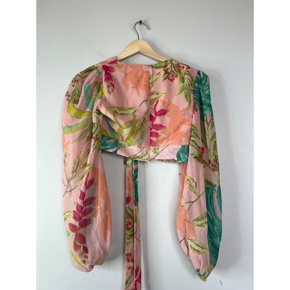 NWT Patbo Tropicalia Tie-Front  Cropped Puff Sleeve Lined Top Harbour Pink Sz: 0 - Picture 7 of 8